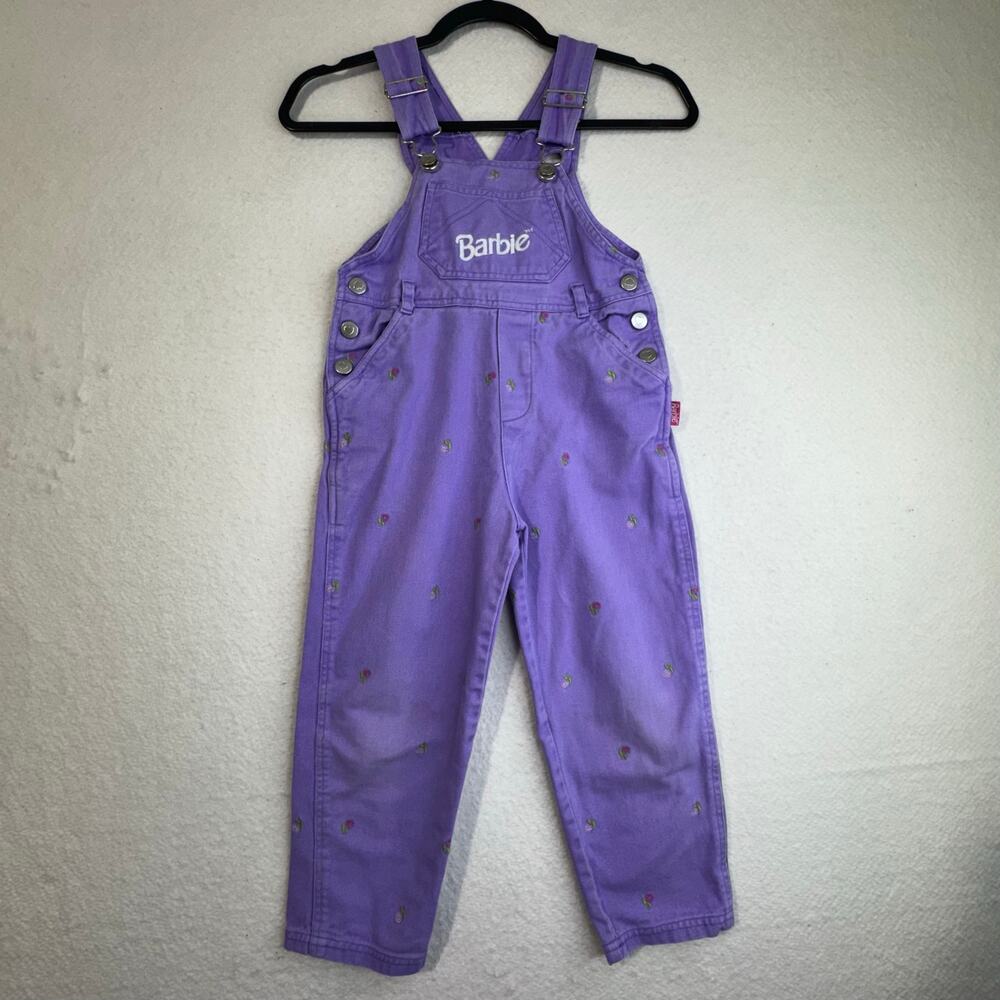 Barbie Purple Cotton Denim Overalls Embroidered Flowers Heart Buttons Girls Sz 5